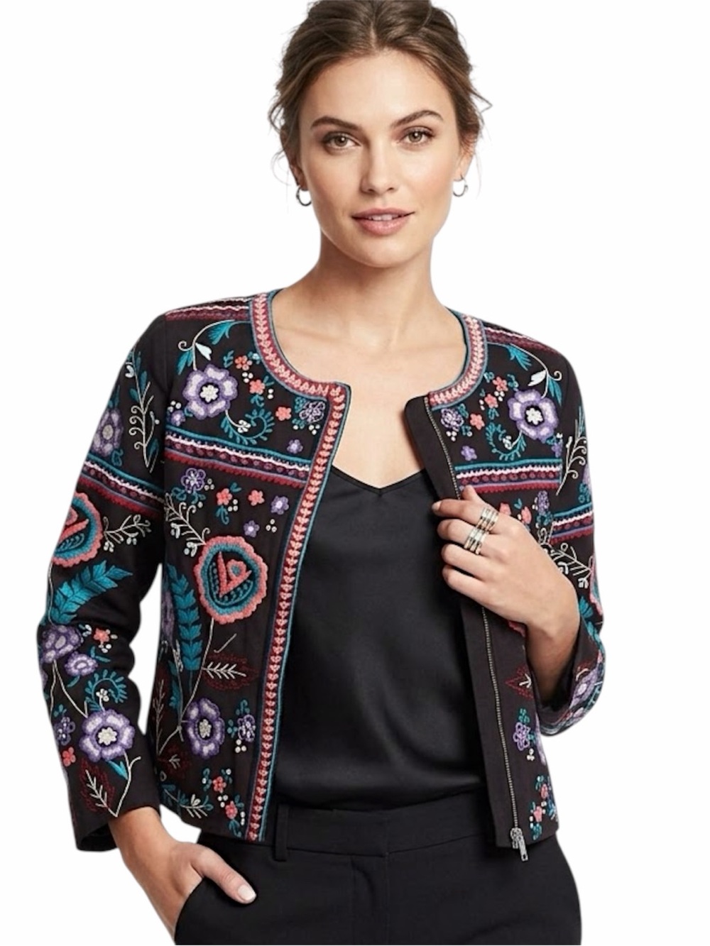Anthropologie Parker Halston colorful embroidery Jacket Black EUC